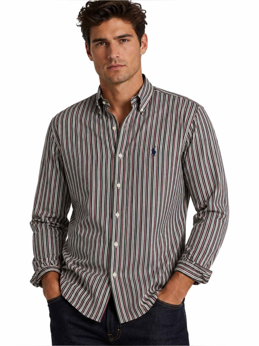 Polo Ralph Lauren Striped Button Down Shirt Green Burgundy Cotton XLT Tall